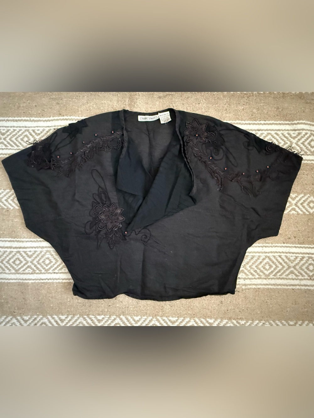 Vintage Whimsigoth Ramie Cotton Black Fringe Beaded V Wrap Top Avant Garde M 90s